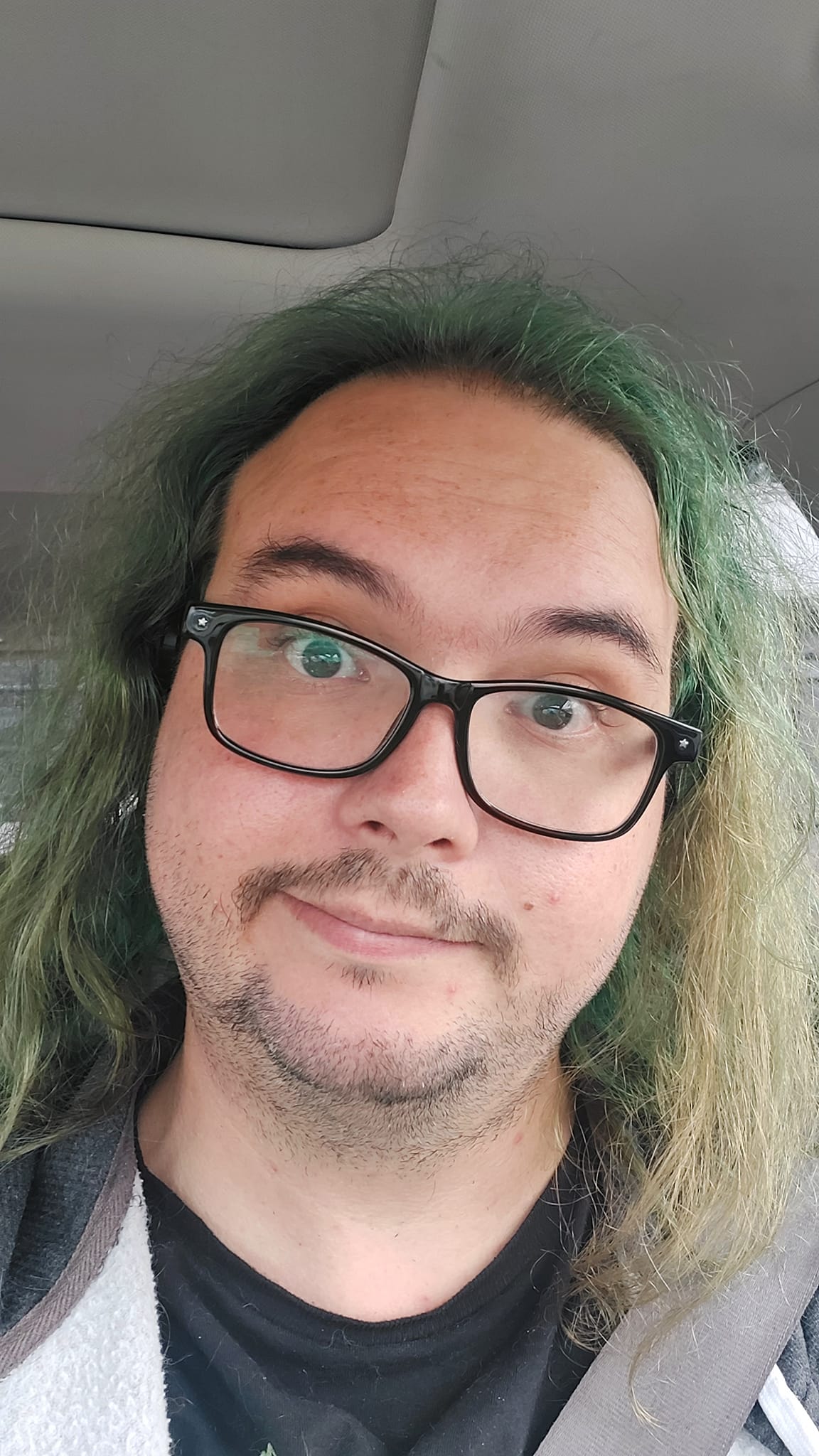 A man with long green hair and no beard sits in a car, Photo 1